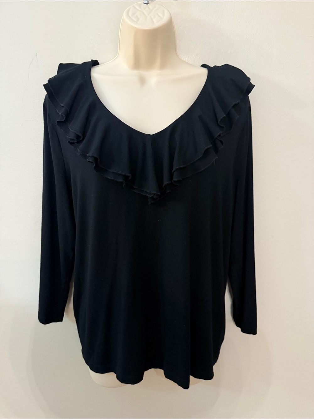 Lauren Ralph Lauren Black Ruffle V-Neck Long Sleeve Top